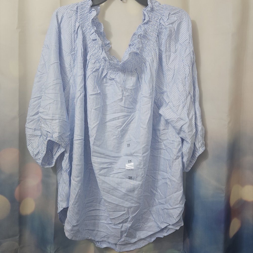 Tommy Hilfiger Off Sholder Blue and White, Pinstriped, 3/4 Sleeve Blouse 2x NWT